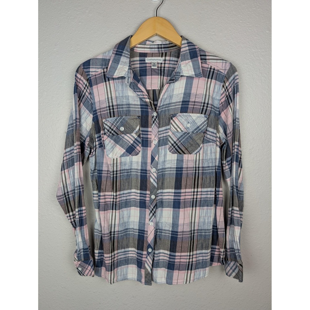 Croft & Barrow Shirt Womens Medium Pink‎ Blue Plaid Button Front Cotton Casual